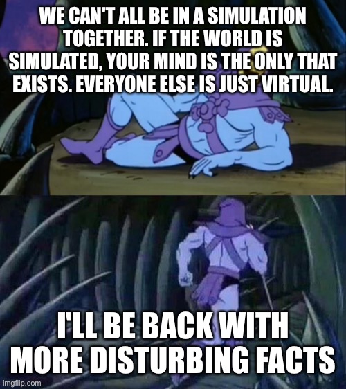 Skeletor disturbing facts | WE CAN'T ALL BE IN A SIMULATION TOGETHER. IF THE WORLD IS SIMULATED, YOUR MIND IS THE ONLY THAT EXISTS. EVERYONE ELSE IS JUST VIRTUAL. I'LL  | image tagged in skeletor disturbing facts | made w/ Imgflip meme maker