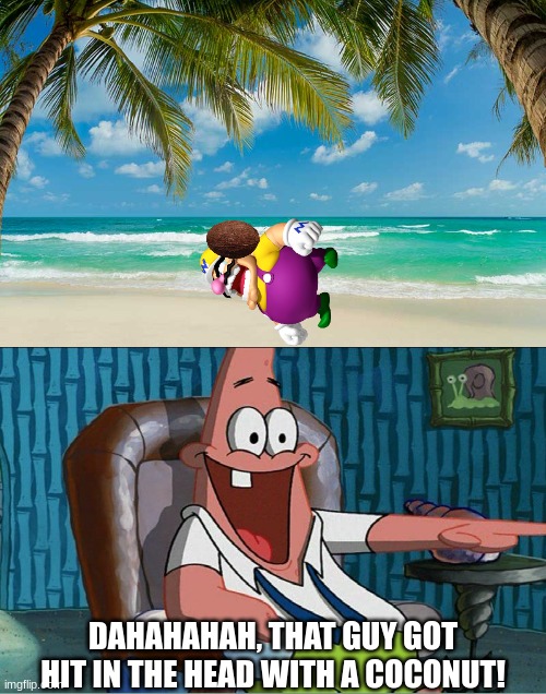 Wario gets hit by a coconut and dies while Patrick is watching | DAHAHAHAH, THAT GUY GOT HIT IN THE HEAD WITH A COCONUT! | image tagged in wario dies,wario,patrick star,spongebob,coconut | made w/ Imgflip meme maker