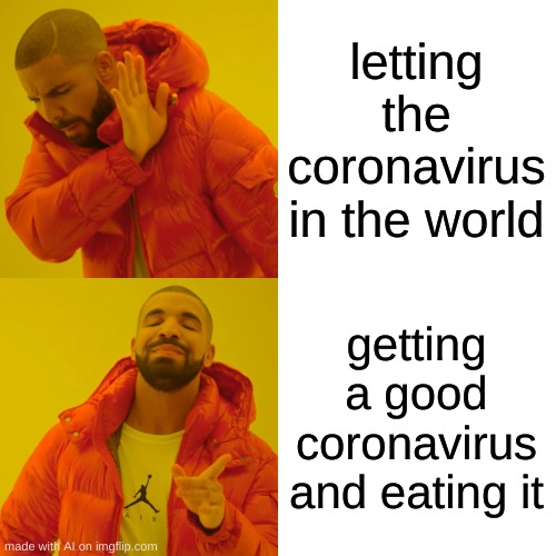 TF | letting the coronavirus in the world; getting a good coronavirus and eating it | image tagged in memes,drake hotline bling | made w/ Imgflip meme maker