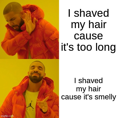 drake | I shaved my hair cause it's too long; I shaved my hair cause it's smelly | image tagged in memes,drake hotline bling | made w/ Imgflip meme maker