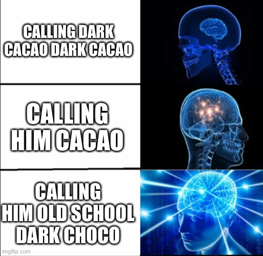 Dark Cacao cookie run kingdom |  CALLING DARK CACAO DARK CACAO; CALLING HIM CACAO; CALLING HIM OLD SCHOOL DARK CHOCO | image tagged in galaxy brain 3 brains | made w/ Imgflip meme maker