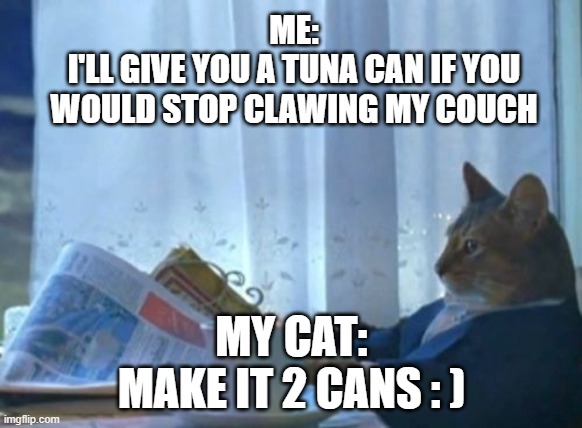 I Should Buy A Boat Cat | ME:
I'LL GIVE YOU A TUNA CAN IF YOU WOULD STOP CLAWING MY COUCH; MY CAT:
MAKE IT 2 CANS : ) | image tagged in memes,i should buy a boat cat | made w/ Imgflip meme maker