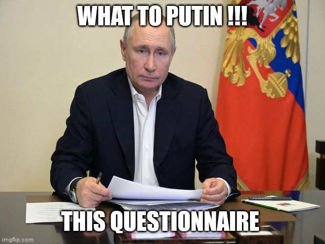 Putin | WHAT TO PUTIN !!! THIS QUESTIONNAIRE | image tagged in putin | made w/ Imgflip meme maker