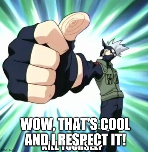Thumbs up kakashi | KILL YOURSELF WOW, THAT'S COOL AND I RESPECT IT! | image tagged in thumbs up kakashi | made w/ Imgflip meme maker