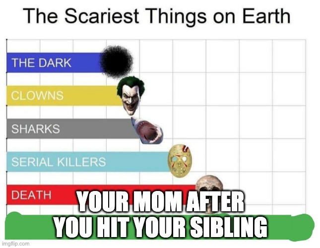scariest things on earth | YOUR MOM AFTER YOU HIT YOUR SIBLING | image tagged in scariest things on earth | made w/ Imgflip meme maker