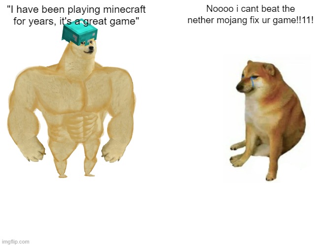 Buff Doge vs. Cheems Meme | "I have been playing minecraft for years, it's a great game"; Noooo i cant beat the nether mojang fix ur game!!11! | image tagged in memes,buff doge vs cheems | made w/ Imgflip meme maker