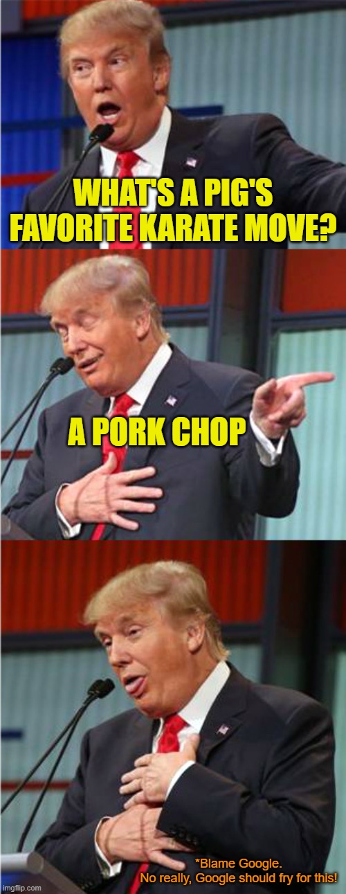 "Hey Google tell me a bad joke" It delivered. HARD | WHAT'S A PIG'S FAVORITE KARATE MOVE? A PORK CHOP; *Blame Google.
No really, Google should fry for this! | image tagged in bad pun trump,memes,google,pig,pork | made w/ Imgflip meme maker