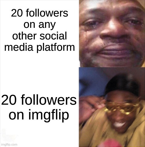 in celebration of hitting 20 followers | 20 followers on any other social media platform; 20 followers on imgflip | image tagged in sad happy,20,happy | made w/ Imgflip meme maker