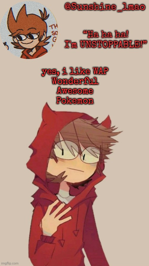 Sunshine's Tord Temp :] | yes, i like WAP
Wonderful
Awesome
Pokemon | image tagged in sunshine's tord temp | made w/ Imgflip meme maker