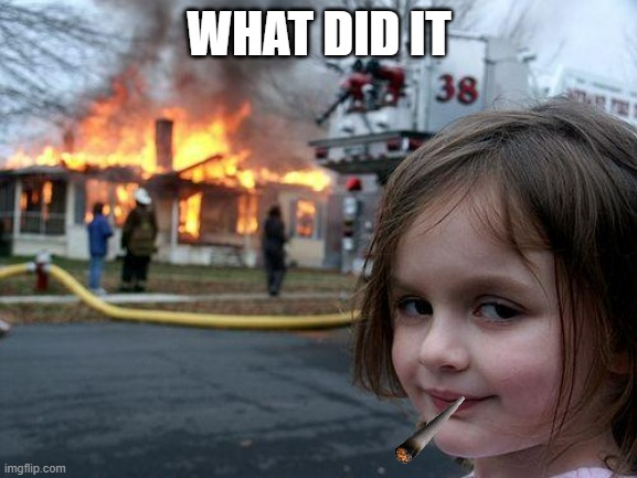 Disaster Girl | WHAT DID IT | image tagged in memes,disaster girl | made w/ Imgflip meme maker