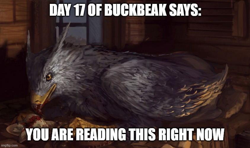 Buckbeak | DAY 17 OF BUCKBEAK SAYS:; YOU ARE READING THIS RIGHT NOW | image tagged in buckbeak,memes,funny | made w/ Imgflip meme maker