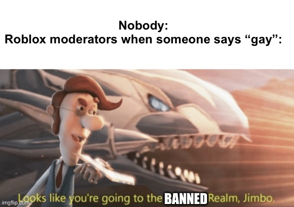 Roblox pls fix ur moderation | Nobody:
Roblox moderators when someone says “gay”:; BANNED | image tagged in looks like you re going to the shadow realm jimbo,roblox,funny memes,memes,roblox meme,banned from roblox | made w/ Imgflip meme maker
