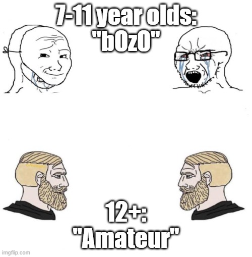 soy vs chad argument | 7-11 year olds:
"bOzO"; 12+:
"Amateur" | image tagged in soy vs chad argument | made w/ Imgflip meme maker