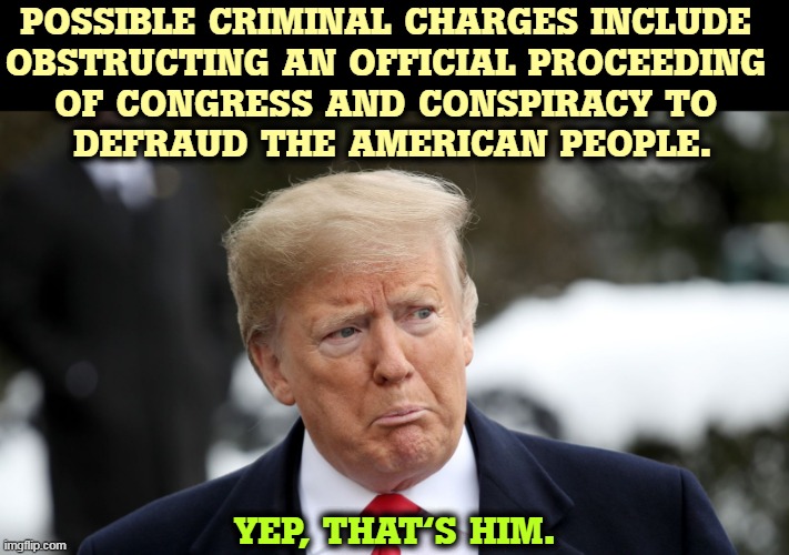 Lock him up! Lock him up! | POSSIBLE CRIMINAL CHARGES INCLUDE 
OBSTRUCTING AN OFFICIAL PROCEEDING 
OF CONGRESS AND CONSPIRACY TO 
DEFRAUD THE AMERICAN PEOPLE. YEP, THAT'S HIM. | image tagged in trump frightened scared weepy,trump,criminal,obstruction of justice,conspiracy,prison | made w/ Imgflip meme maker