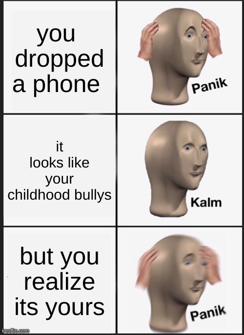 Panik Kalm Panik | you  dropped a phone; it looks like your childhood bullys; but you realize its yours | image tagged in memes,panik kalm panik | made w/ Imgflip meme maker