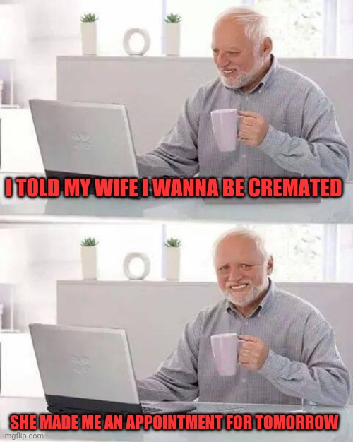 Hope life insurance is good | I TOLD MY WIFE I WANNA BE CREMATED; SHE MADE ME AN APPOINTMENT FOR TOMORROW | image tagged in memes,hide the pain harold | made w/ Imgflip meme maker