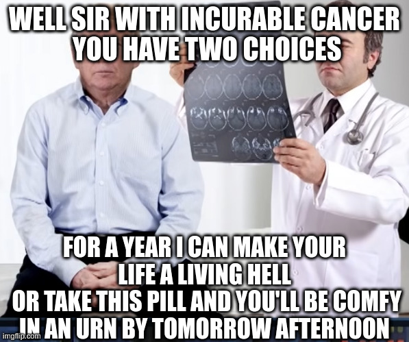 diagnoses | WELL SIR WITH INCURABLE CANCER
 YOU HAVE TWO CHOICES; FOR A YEAR I CAN MAKE YOUR LIFE A LIVING HELL
 OR TAKE THIS PILL AND YOU'LL BE COMFY IN AN URN BY TOMORROW AFTERNOON | image tagged in diagnoses | made w/ Imgflip meme maker