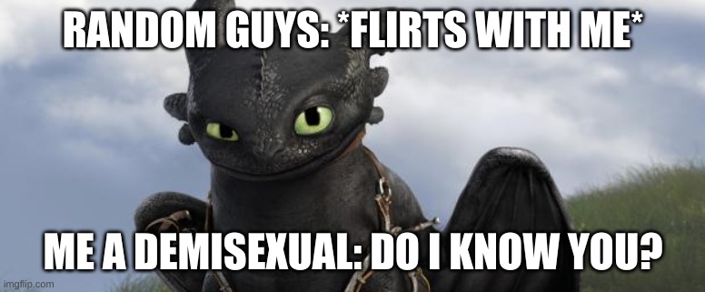 E | RANDOM GUYS: *FLIRTS WITH ME*; ME A DEMISEXUAL: DO I KNOW YOU? | image tagged in toothless-do i know you,demisexual memes,relatable | made w/ Imgflip meme maker