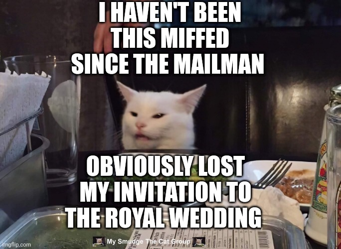  I HAVEN'T BEEN THIS MIFFED SINCE THE MAILMAN; OBVIOUSLY LOST MY INVITATION TO THE ROYAL WEDDING | image tagged in smudge the cat,smudge | made w/ Imgflip meme maker