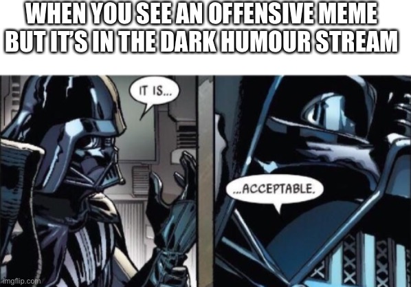 I have no more good titles:( | WHEN YOU SEE AN OFFENSIVE MEME BUT IT’S IN THE DARK HUMOUR STREAM | image tagged in it is acceptable | made w/ Imgflip meme maker