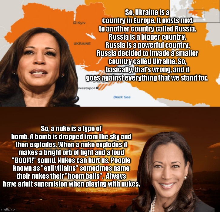 Condescending Kamala explains stuff as if we are all in kindergarten | So, Ukraine is a country in Europe. It exists next to another country called Russia. Russia is a bigger country. Russia is a powerful country. Russia decided to invade a smaller country called Ukraine. So, basically, that’s wrong, and it goes against everything that we stand for. So, a nuke is a type of bomb. A bomb is dropped from the sky and then explodes. When a nuke explodes it makes a bright orb of light and a loud "BOOM!" sound. Nukes can hurt us. People known as "evil villains" sometimes name their nukes their "boom balls".  Always have adult supervision when playing with nukes. | image tagged in kamala harris nuke background,kamala harris,condescending,russia,ukraine,political humor | made w/ Imgflip meme maker