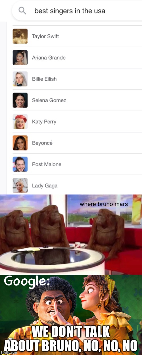 so ive been planning on posting this joke for a couple months now | where bruno mars; Google:; WE DON’T TALK ABOUT BRUNO, NO, NO, NO | image tagged in where monkey,we don't talk about bruno,bruno mars,singers,encanto | made w/ Imgflip meme maker