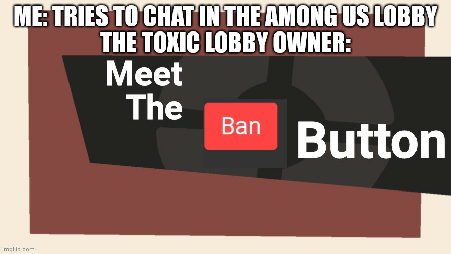 Meet the ban button | ME: TRIES TO CHAT IN THE AMONG US LOBBY
THE TOXIC LOBBY OWNER: | image tagged in meet the ban button | made w/ Imgflip meme maker
