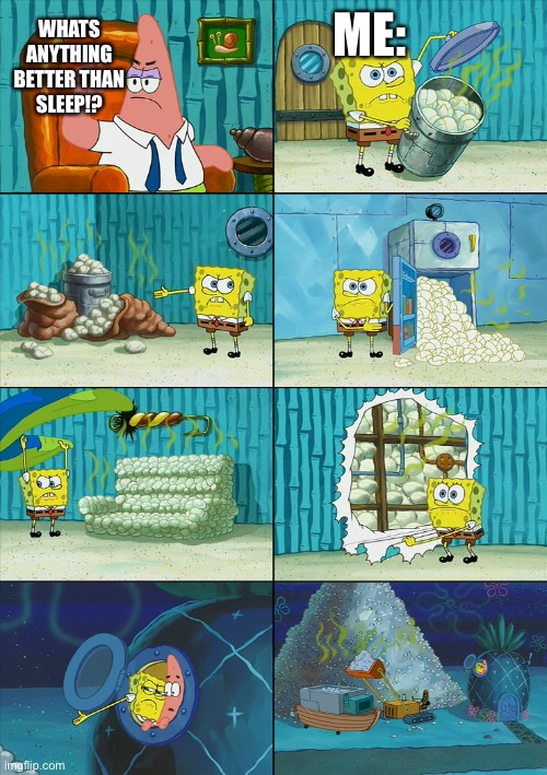 Better than sleep | ME:; WHATS ANYTHING BETTER THAN SLEEP!? | image tagged in spongebob pile | made w/ Imgflip meme maker