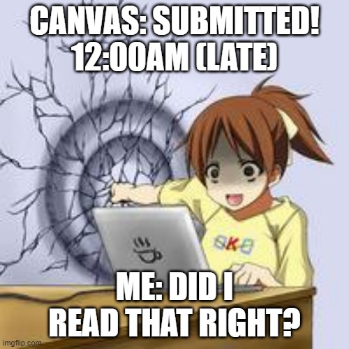 French Meme Project (translated) | CANVAS: SUBMITTED! 12:00AM (LATE); ME: DID I READ THAT RIGHT? | image tagged in anime wall punch | made w/ Imgflip meme maker