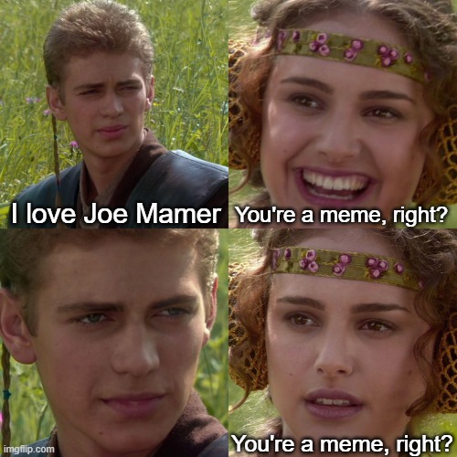 Joe mamer when you don't want for meme was | I love Joe Mamer; You're a meme, right? You're a meme, right? | image tagged in anakin padme 4 panel,memes | made w/ Imgflip meme maker