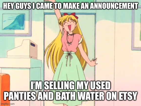 Minako has an announcement | HEY GUYS I CAME TO MAKE AN ANNOUNCEMENT; I’M SELLING MY USED PANTIES AND BATH WATER ON ETSY | image tagged in sailor moon,venus,panties,memes | made w/ Imgflip meme maker