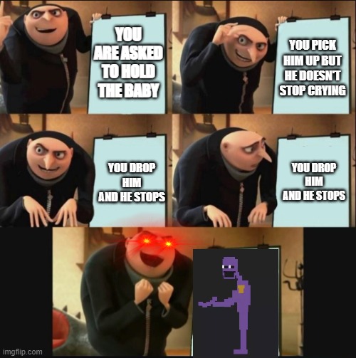 Gru is the man behind the slaughter | YOU ARE ASKED TO HOLD THE BABY; YOU PICK HIM UP BUT HE DOESN'T STOP CRYING; YOU DROP HIM AND HE STOPS; YOU DROP HIM AND HE STOPS | image tagged in 5 panel gru meme,gru's plan,gru meme,fnaf,purple guy | made w/ Imgflip meme maker