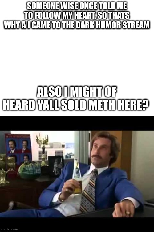 Yeah | SOMEONE WISE ONCE TOLD ME TO FOLLOW MY HEART, SO THATS WHY A I CAME TO THE DARK HUMOR STREAM; ALSO I MIGHT OF HEARD YALL SOLD METH HERE? | image tagged in blank white template,memes,well that escalated quickly | made w/ Imgflip meme maker