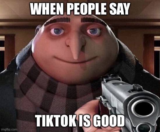 Gru Gun | WHEN PEOPLE SAY TIKTOK IS GOOD | image tagged in gru gun | made w/ Imgflip meme maker