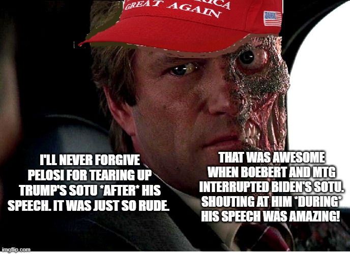 Two Face Maga | THAT WAS AWESOME WHEN BOEBERT AND MTG INTERRUPTED BIDEN'S SOTU. SHOUTING AT HIM *DURING* HIS SPEECH WAS AMAZING! I'LL NEVER FORGIVE PELOSI FOR TEARING UP TRUMP'S SOTU *AFTER* HIS SPEECH. IT WAS JUST SO RUDE. | image tagged in two face maga | made w/ Imgflip meme maker