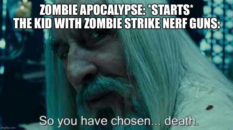 So you have chosen death | ZOMBIE APOCALYPSE: *STARTS*
THE KID WITH ZOMBIE STRIKE NERF GUNS: | image tagged in so you have chosen death | made w/ Imgflip meme maker