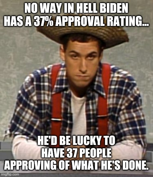 Very lucky if he even had that. | NO WAY IN HELL BIDEN HAS A 37% APPROVAL RATING... HE'D BE LUCKY TO HAVE 37 PEOPLE APPROVING OF WHAT HE'S DONE. | image tagged in adam sandler cajun man | made w/ Imgflip meme maker
