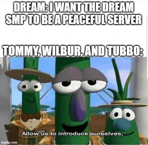 Allow us to introduce ourselves | DREAM: I WANT THE DREAM SMP TO BE A PEACEFUL SERVER; TOMMY, WILBUR, AND TUBBO: | image tagged in allow us to introduce ourselves | made w/ Imgflip meme maker