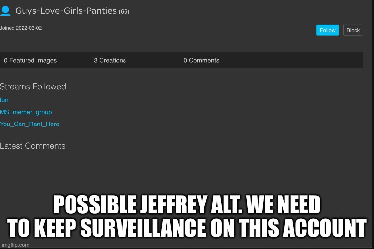 POSSIBLE JEFFREY ALT. WE NEED TO KEEP SURVEILLANCE ON THIS ACCOUNT | made w/ Imgflip meme maker