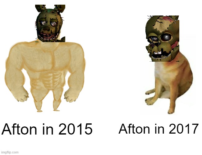 Buff Doge vs. Cheems | Afton in 2015; Afton in 2017 | image tagged in memes,buff doge vs cheems | made w/ Imgflip meme maker