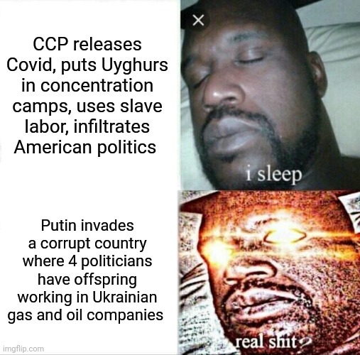 Sleeping Shaq | CCP releases Covid, puts Uyghurs in concentration camps, uses slave labor, infiltrates American politics; Putin invades a corrupt country where 4 politicians have offspring working in Ukrainian gas and oil companies | image tagged in memes,sleeping shaq | made w/ Imgflip meme maker