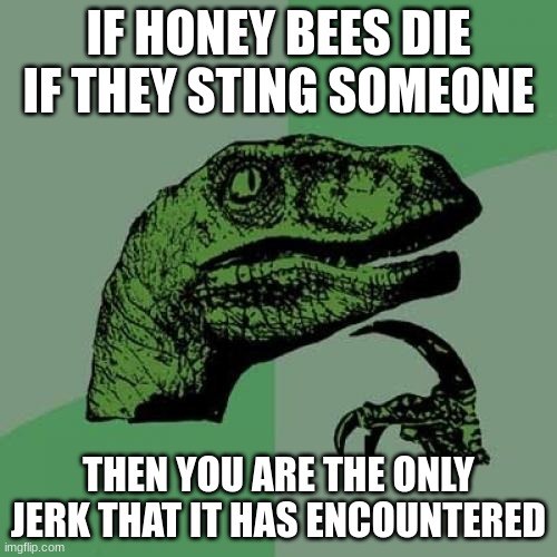 Philosoraptor | IF HONEY BEES DIE IF THEY STING SOMEONE; THEN YOU ARE THE ONLY JERK THAT IT HAS ENCOUNTERED | image tagged in memes,philosoraptor | made w/ Imgflip meme maker
