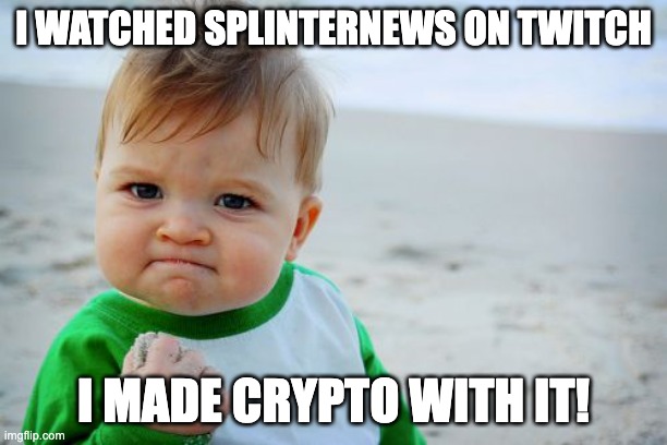 Success Kid Original Meme | I WATCHED SPLINTERNEWS ON TWITCH; I MADE CRYPTO WITH IT! | image tagged in memes,success kid original | made w/ Imgflip meme maker