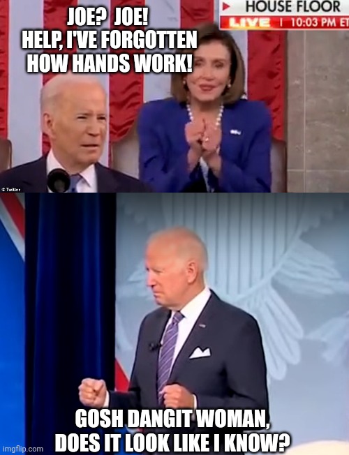 finger it out | JOE?  JOE!  HELP, I'VE FORGOTTEN HOW HANDS WORK! GOSH DANGIT WOMAN,
DOES IT LOOK LIKE I KNOW? | image tagged in braindead biden fists | made w/ Imgflip meme maker