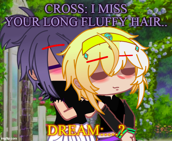 =^= | CROSS: I MISS YOUR LONG FLUFFY HAIR.. DREAM:....? | made w/ Imgflip meme maker