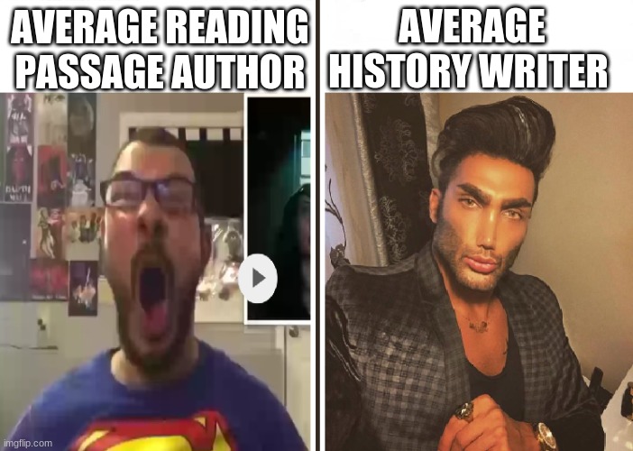 Average Fan vs Average Enjoyer | AVERAGE HISTORY WRITER; AVERAGE READING PASSAGE AUTHOR | image tagged in average fan vs average enjoyer | made w/ Imgflip meme maker