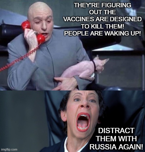 they're getting so predictable | THEY'RE FIGURING OUT THE VACCINES ARE DESIGNED TO KILL THEM! PEOPLE ARE WAKING UP! DISTRACT THEM WITH RUSSIA AGAIN! | image tagged in dr evil and frau,vaccines,vaccine,russia,ukraine | made w/ Imgflip meme maker
