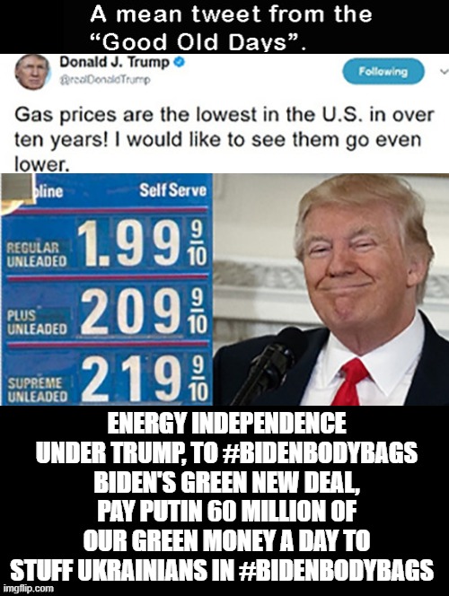 Mean Tweets Energy Independence to #BidenBodyBags | ENERGY INDEPENDENCE UNDER TRUMP, TO #BIDENBODYBAGS BIDEN'S GREEN NEW DEAL, PAY PUTIN 60 MILLION OF OUR GREEN MONEY A DAY TO STUFF UKRAINIANS IN #BIDENBODYBAGS | image tagged in morons,idiots,stupid liberals,biden,trump,putin | made w/ Imgflip meme maker