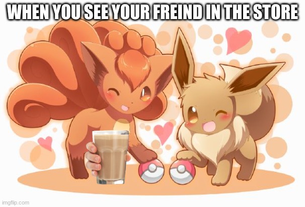Eevee and Vulpix | WHEN YOU SEE YOUR FREIND IN THE STORE | image tagged in eevee and vulpix | made w/ Imgflip meme maker