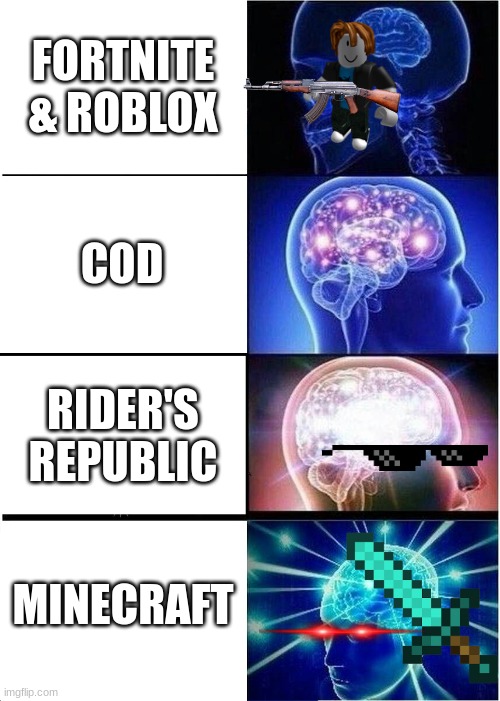 minecraft | FORTNITE & ROBLOX; COD; RIDER'S REPUBLIC; MINECRAFT | image tagged in memes,expanding brain | made w/ Imgflip meme maker